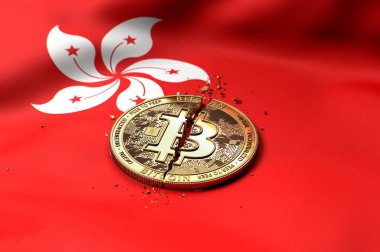 Bitcoin sikke Hong Kongese bayrağı üzerinde kırık. Kötü Bitcoin durumda Hong Kong kavramı. 3D render