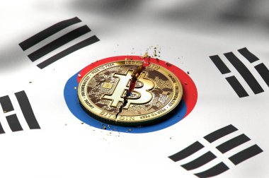 Güney Kore bayrağı Bitcoin sikke kırık. Kötü Bitcoin durumda Güney Kore kavramı. 3D render