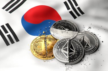Güney Kore bayrağı kırık veya çatlak cryptocurrency demir yığını. Güney Kore kavramı Cryptocurrencies durumda. 3D render