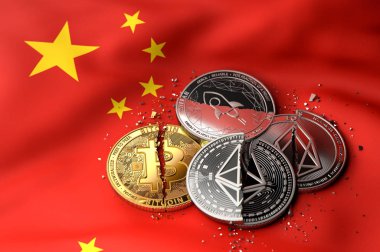 Çin bayrağı kırık veya çatlak cryptocurrency demir yığını. Çin kavramı Cryptocurrencies durumda. 3D render