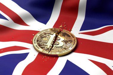 Kırık Bitcoin sikke üzerinde İngiliz bayrağı. Kötü Bitcoin durumda İngiltere kavramı. 3D render