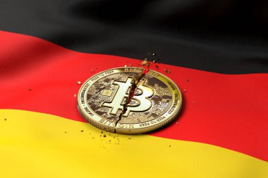 Bitcoin sikke Alman bayrağı üzerinde kırık. Kötü Bitcoin durumda Almanya kavramı. 3D render