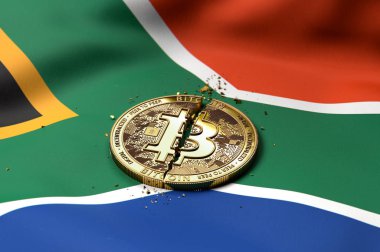 Bitcoin sikke Güney Afrika bayrağı üzerinde kırık. Kötü Bitcoin durumda Güney Afrika kavramı. 3D render