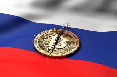 Bitcoin sikke Rus bayrağı üzerinde kırık. Kötü Bitcoin durumda Rusya kavramı. 3D render