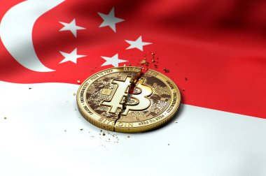 Bitcoin sikke Singapur bayrağı üzerinde kırık. Kötü Bitcoin durumda Singapur kavramı. 3D render