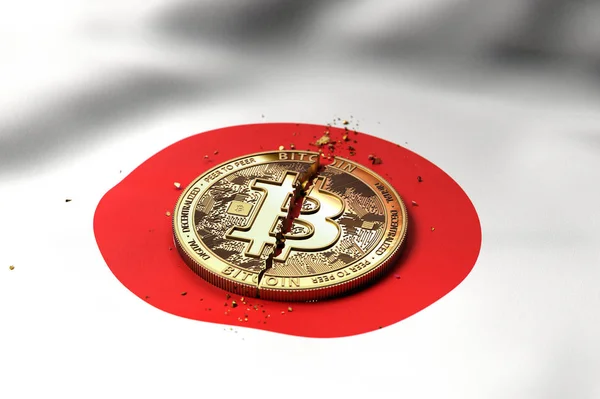 Cracked Bitcoin Coin Japanese Flag Bad Bitcoin Condition Japan Concept — Stock Photo, Image