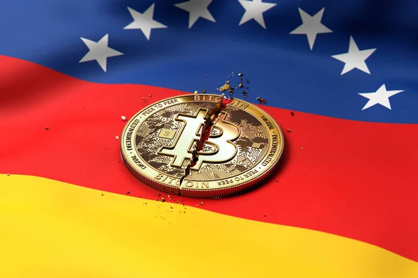 Cracked Bitcoin Coin Venezuelan Flag Bad Bitcoin Condition Venezuela Concept — Stock Photo, Image