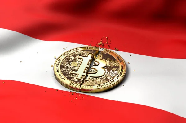 Cracked Bitcoin Coin Austrian Flag Bad Bitcoin Condition Austria Concept — Stock Photo, Image