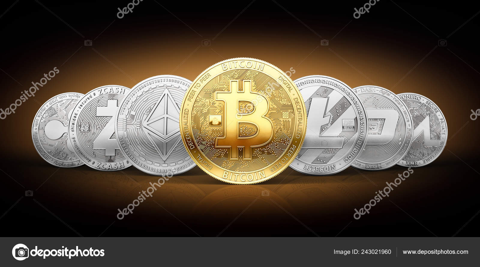 一套7种不同的加密货币和一个金比特币在前面作为最知名的加密货币—— 库存社论照片© hello.artmagination.com #243021960