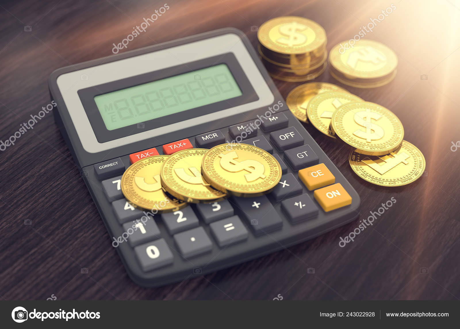 Kalkulačka Prázdný Displej Dát Svůj Vlastní Text Různé Zlaté Mince — Stock  Fotografie © hello.artmagination.com #243022928