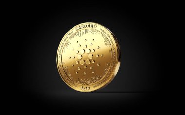 Siyah arka plan üzerine izole altın Cardano (Ada) cryptocurrency kavramı bozuk para. 3D render