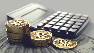 Para ve hesap makinesi arka planda döşeme Bitcoin yığınları. Cryptocurrencies ücret ve vergiler. 3D render