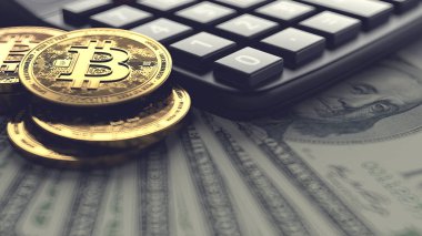 Bitcoin kazık ve dolar faturaları üzerinde döşeme hesap makinesi. Ücret ve vergiler cryptocurrencies yatırımlar konsepti için. 3D render