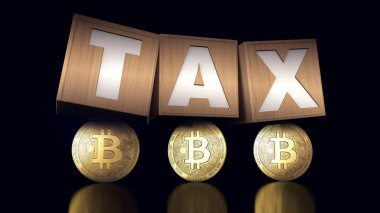Bu altında Bitcoin vergi kavramı ile ahşap bloklar ve Bitcoins. 3D render