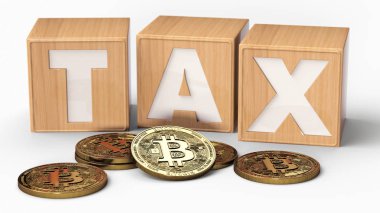 Ahşap bloklar ve Bitcoin paraları vergi harflerle. 3D render izole