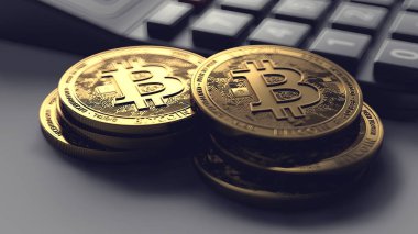 Bitcoin ve bulanık closeup hesaplama yığınları. Ücret ve vergiler cryptocurrency yatırımlar. 3D render