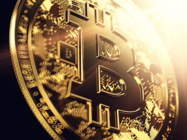 Parlak yıldız patlaması parlama ile bulanık yakın çekim içinde Bitcoin. 3D render