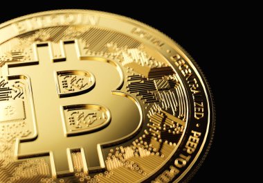 Altın Bitcoin kopya alanı sağ ile siyah arka plan üzerine yakın çekim çekimde. 3D render