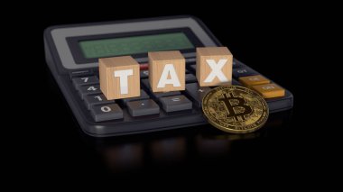 Hesap makinesi ve Bitcoin ahşap bloklar ile vergi kavramı. 3D render