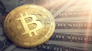 Altın Bitcoins bulanık closeup bir dolarlık banknot üzerinde. Gelecekteki para birimi kavramı. 3D render