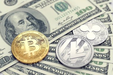Cryptocurrencies ve doları banknot. Cryptocurrencies fiat para alışverişi. 3D render