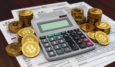 Hesap makinesi, belgeler ve kazık Bitcoins od. Muhasebe Hizmetleri cryptocurrency yatırımcılar konsepti için. 3D render