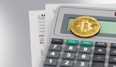 Tablo üzerinde hesap makinesi belgelerle ve Bitcoin. Muhasebe cryptocurrencies kavramı. 3D render