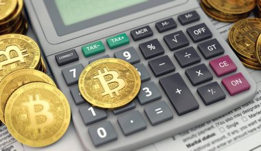Hesap makinesi, belgeler ve bitcoins. Cryptocurrency vergi iadesi kavramı. 3D render