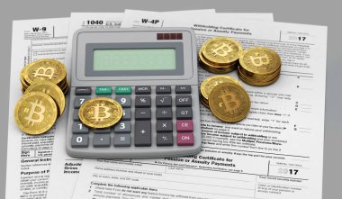 Bitcoin, hesap makinesi ve vergi deyimleri. Muhasebe Hizmetleri cryptocurrency yatırımcılar konsepti için. 3D render
