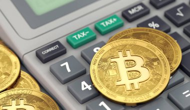 Hesap makinesi klavyede döşeme Bitcoin paralar. Vergi hazırlık kavram. 3D render