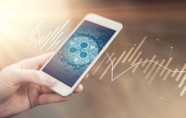 Madeni para sembol hareket eden app ekranda dalgalanma. Dalgalanma fiyat büyür ya da düşüyor. Yeni dijital para.