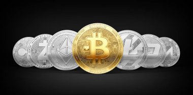 7 farklı cryptocurrencies ve açık olarak izole siyah arka plan üzerine altın bir bitcoin kümesi. 3D render