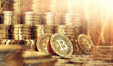 Altın Bitcoin sikke ve bulanık closeup blockchain düğümler çevresinde. Yukarıdaki alanı kopyalayın. 3D render