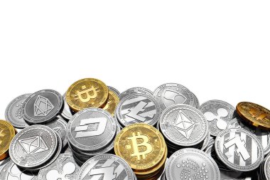 Stack and piles of Bitcoin and other different cryptocurrencies isolated on white background with copy space above. 3D rendering clipart