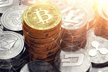 Altın Bitcoin kazık ve diğer cryptocurrencies blockchain düğümleri ile çevrili. 3D render