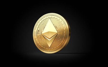 Siyah arka plan üzerine izole altın eter Eth cryptocurrency madeni para. 3D render