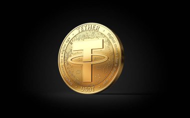 Golden Tether USDT cryptocurrency coin isolated on black background. 3D rendering clipart