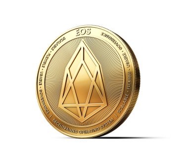 Beyaz arka plan üzerinde izole altın Eos cryptocurrency fiziksel kavramı bozuk para. 3D render