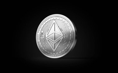 Gümüş Ethereum Eth cryptocurrency fiziksel kavramı sikke siyah arka plan üzerine izole. 3D render