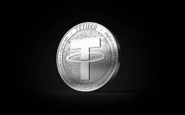 Silver Tether USDT cryptocurrency physical concept coin isolated on black background. 3D rendering clipart