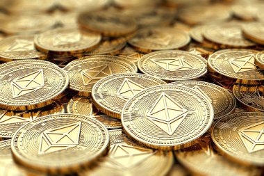 Altın Ethereum Eth yığını bulanık alanında kopya alanı ile bulanık closeup paraları. 3D render