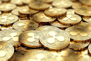 Altın dalgalanma Xrp yığını bulanık alanında kopya alanı ile bulanık closeup paraları. 3D render