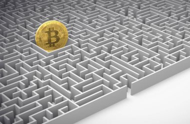 Bitcoin labirent içinde. Cryptocurrencies kavramı hakkında bir anlaşma elde etmek nasıl bulmaktan. 3D render