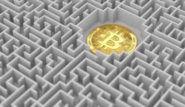 Labirent içinde bir yere bırakmasını Bitcoin. Sorunlar, etrafında sorunları cryptocurrencies ve onları çözme girişimleri. 3D render