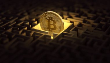 Bitcoin karanlık labirentinde kaybettim. Sorunlar ve zorluklar cyptocurrencies kavramı etrafında. 3D render