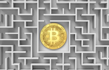 Bitcoin labirent veya labirent veriyorsun. Bitcoin kaybettim. Kavramsal tasarım. 3D render