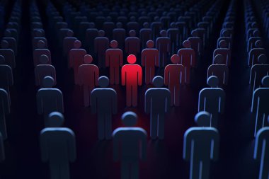 Big Brother izliyor. Bir kişi kırmızı toplum kavramı geri kalanı için potansiyel bir tehdit olarak işaretlenmiş. 3D render