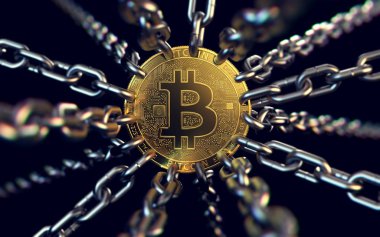 Hükümetler yasağı çalışırken Bitcoin zincirlerle - sıkışmış. 3D render
