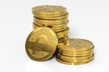 Altın Venezuela Petro, yağ yığını beyaz arka plan üzerinde izole cryptocurrency para sırt. 3D render