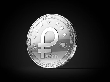 Gümüş Venezuela Petro, petrol cryptocurrency sikke, siyah arka plan üzerine izole sırt. 3D render